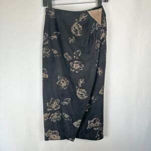 Vintage Vakko Suede Leather Trim Wrap Skirt Womens 6 Black Gold Floral USA Chic